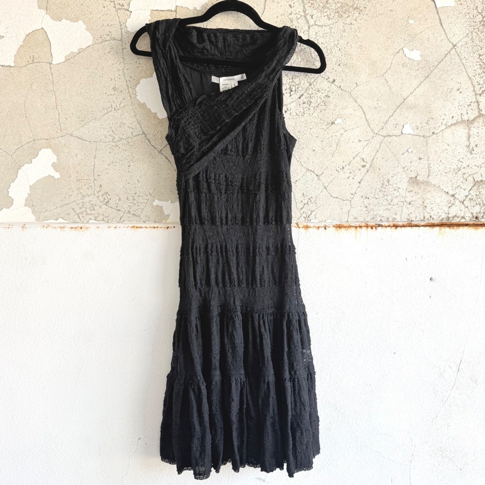 Cocktail Dress Black Lace Smocked Tiered Ruffle Sleeveless Cowl Studio M NEW